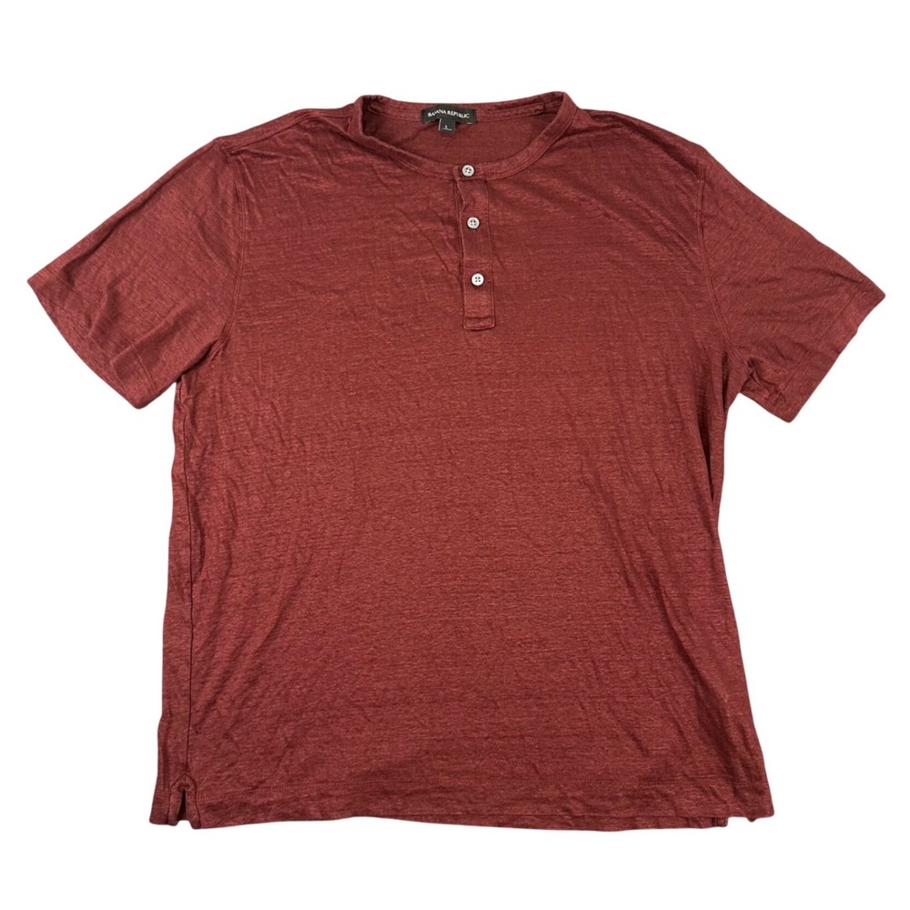 Banana Republic Henley Shirt Mens Large Burgundy Short Sleeve 100% Linen Button